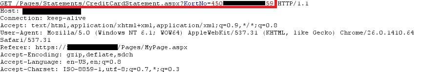 Request containing credit card number